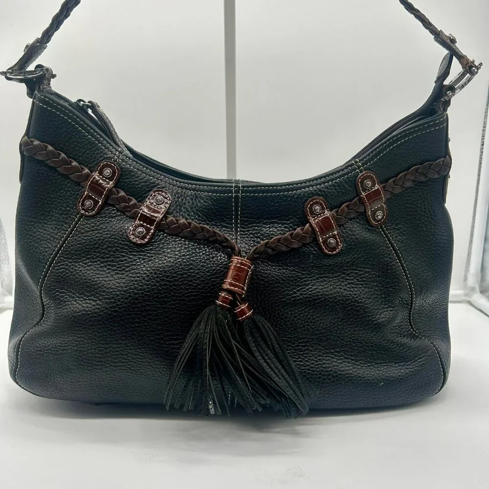 Brighton Leather Woven Tassel Shoulder Bag Black Brown Rectangle Pockets Zipper‎